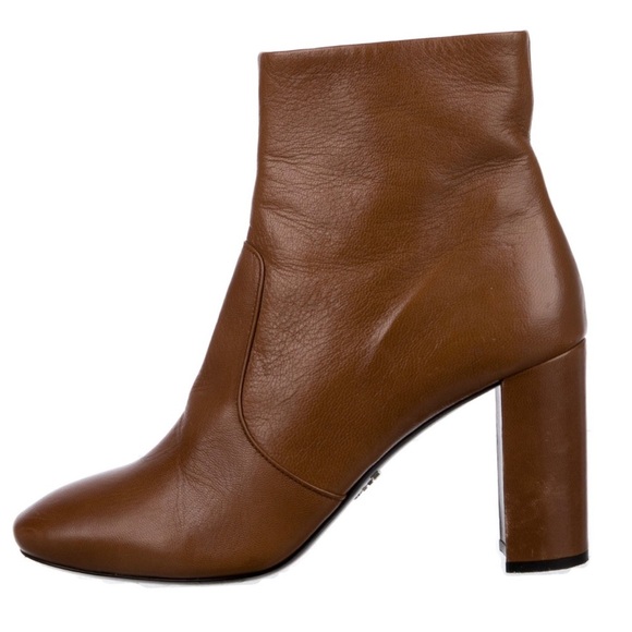 Prada Madras Brown Leather Round Toe Chunky Heeled Ankle Boots Size 40 - Picture 1 of 12